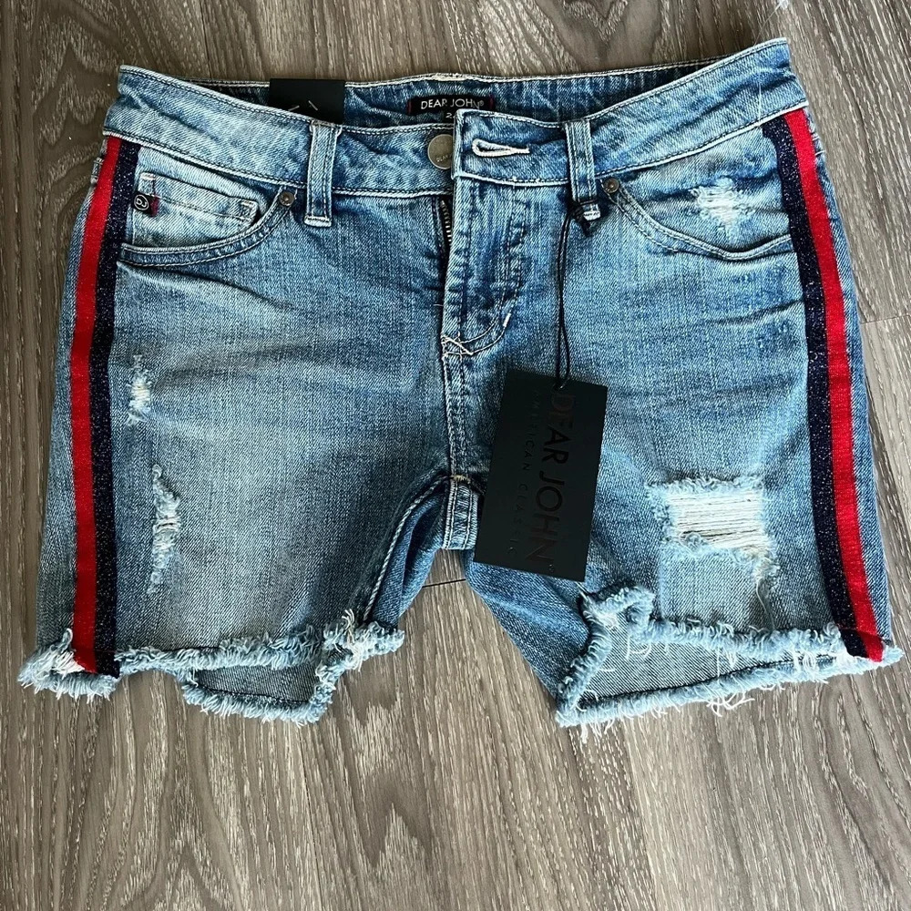 Dear John Denim Distressed Shorts With Black Red Stripe Size 24 NWT